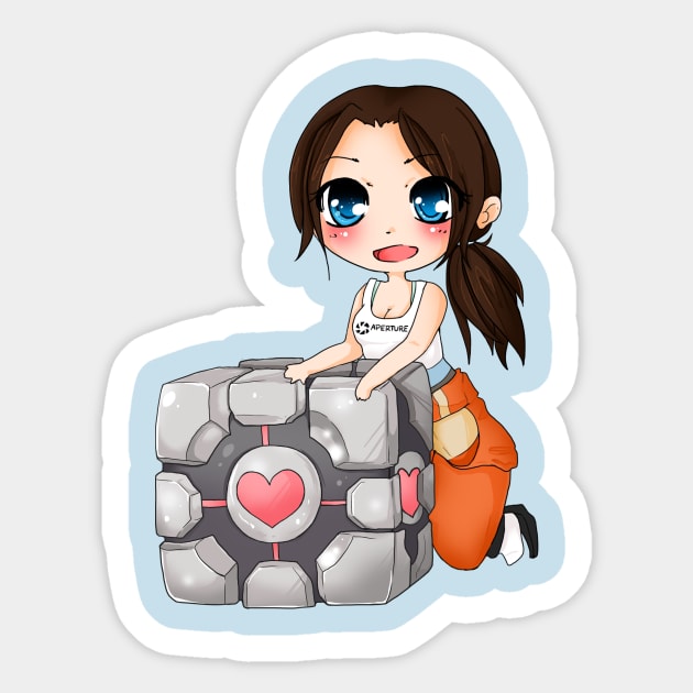 Chell and Companion cube Sticker by linkitty